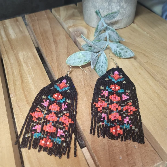 Handmade Beaded Floral Folk Blossoms Fringe Earrings  - Fiona - Picture 4 of 8